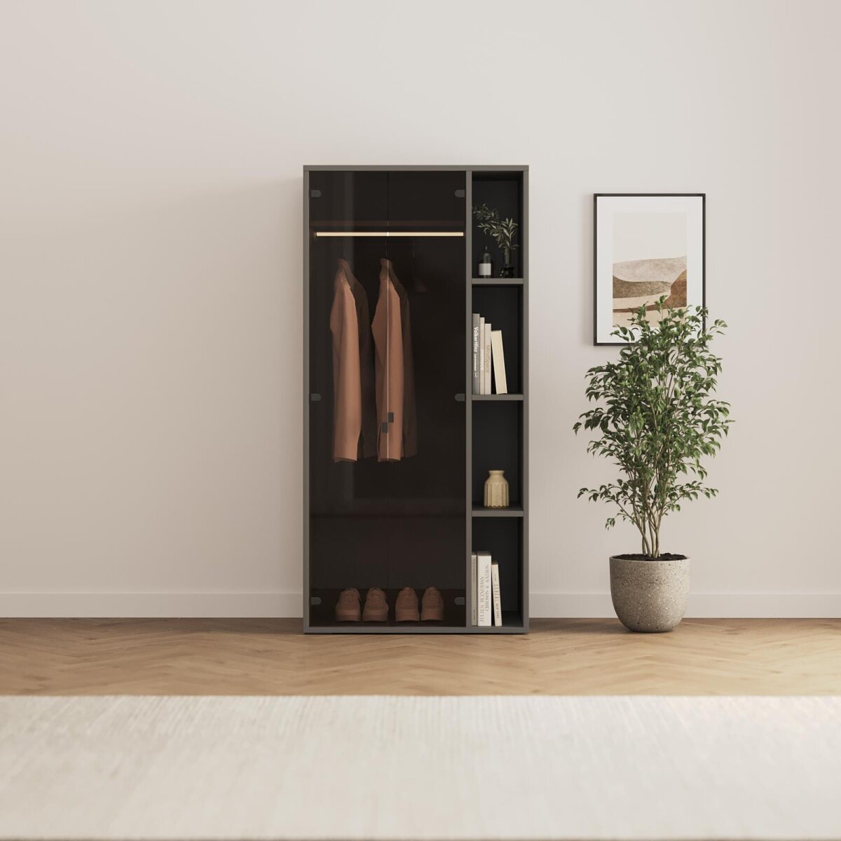 SMARTBett Schrank M2 2.0016 168,2 cm Perlgrau 2 Glastüren Hellbronze – Ansicht 2
