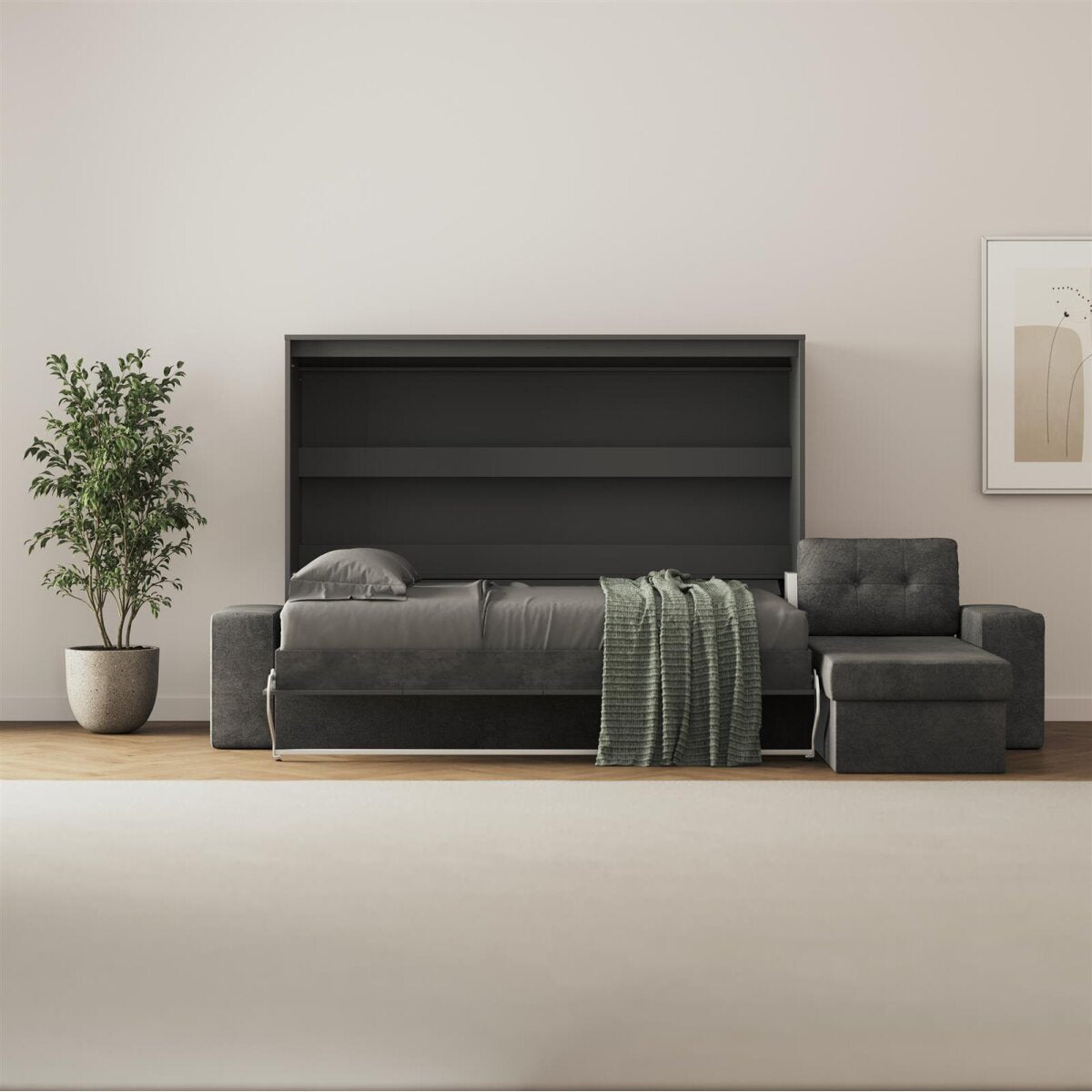 SMARTBett Schrankbett M2 Horizontal mit Ecksofa Anthrazit/Anthrazit