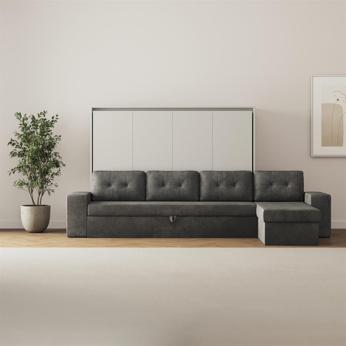 SMARTBett Schrankbett M2 Horizontal mit Ecksofa Perlgrau/Perlgrau
