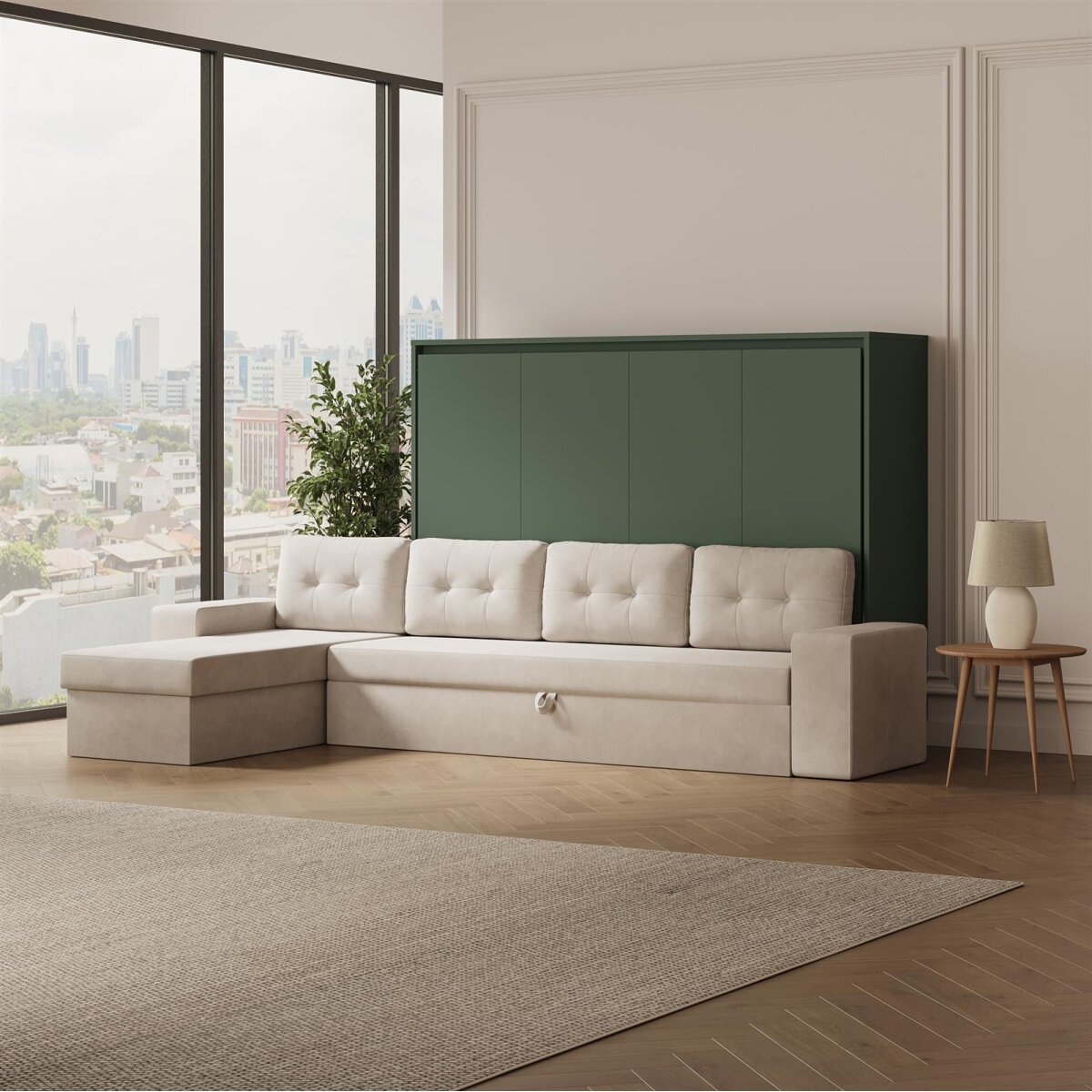 SMARTBett Schrankbett M2 Horizontal mit Ecksofa Steingrün/Steingrün
