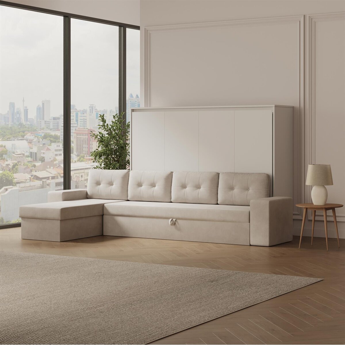 SMARTBett Schrankbett M2 Horizontal mit Ecksofa Weiss/Weiss